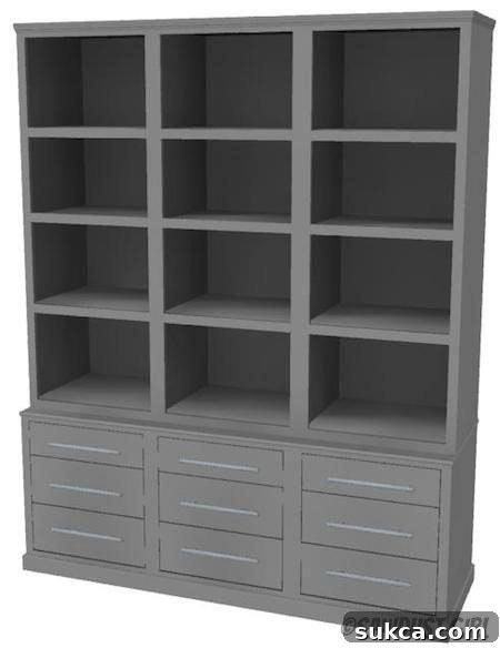 An expansive built-in library wall featuring three Madison Avenue Collection tall bookcase units, creating a stunning and functional storage solution.