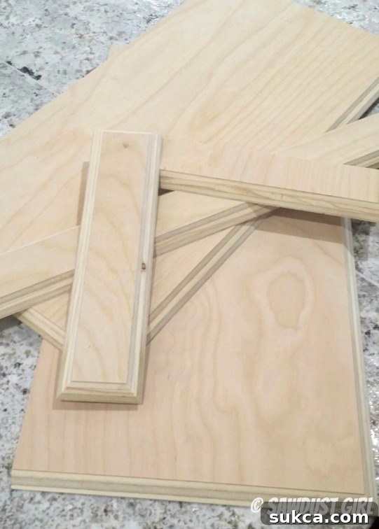 Mitered Plywood Shelf Components Pre-Assembly Detailed view of precisely cut plywood pieces with mitered edges, ready for floating shelf assembly