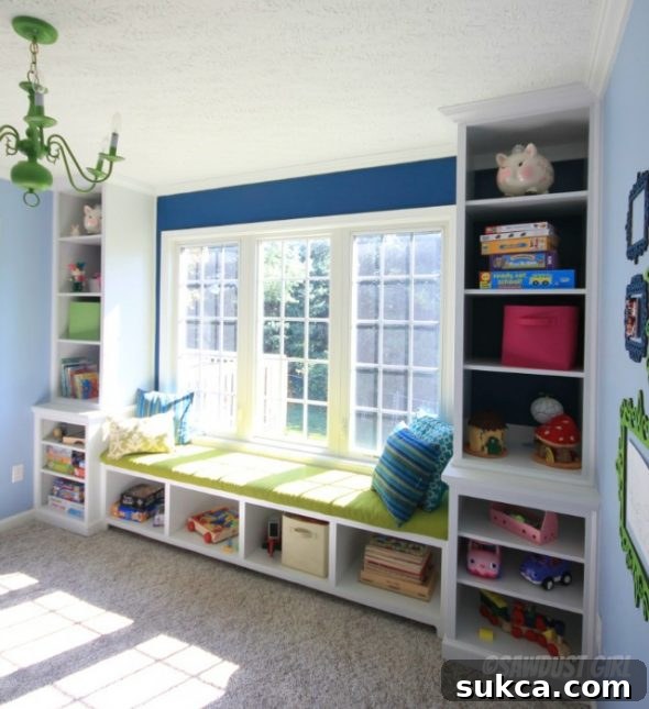 Playroom Built-ins: Window Seat & Bookshelf Storage Custom built-in window seat and storage cabinets for a vibrant playroom, featuring integrated bookshelves for a tidy, inspiring space.