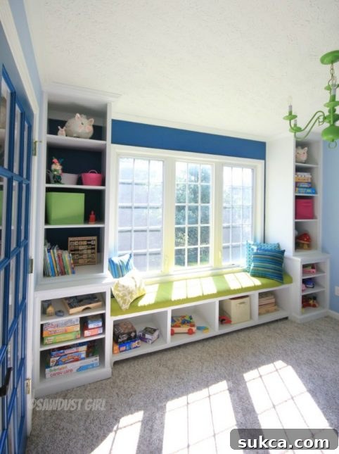 Playroom Window Seat & Storage Detail Detailed view of the built-in window seat and integrated storage cabinets, showcasing meticulous craftsmanship and functional design in a child's playroom.
