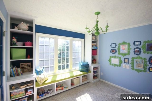Awesome Playroom Transformation A wide shot capturing the incredible transformation of the playroom, now featuring a stunning built-in window seat and expansive storage solutions, designed for both play and organization.