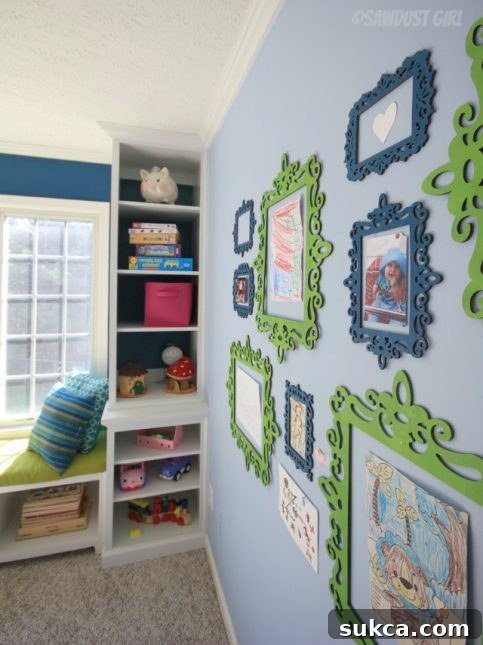 Whimsical Art Display in Playroom A creative corner in the playroom dedicated to showcasing children's whimsical art, using simple yet effective display methods that encourage creativity and pride.