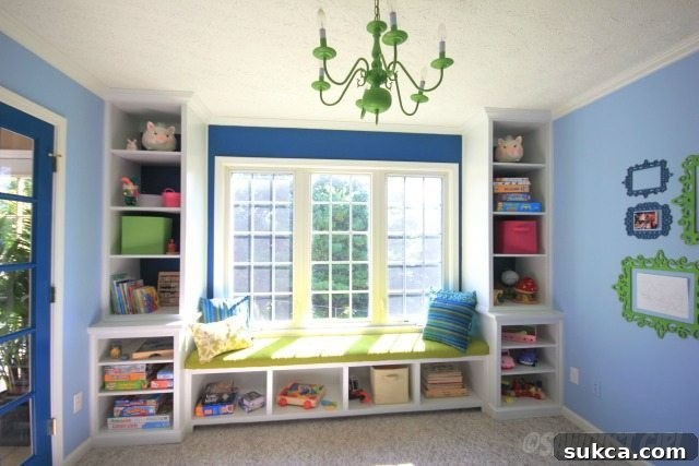 Playroom Built-in Window Seat and Storage An overall view of the finished playroom built-ins, highlighting the seamless integration of the window seat, storage cabinets, and bookshelves, creating an organized and inspiring environment.
