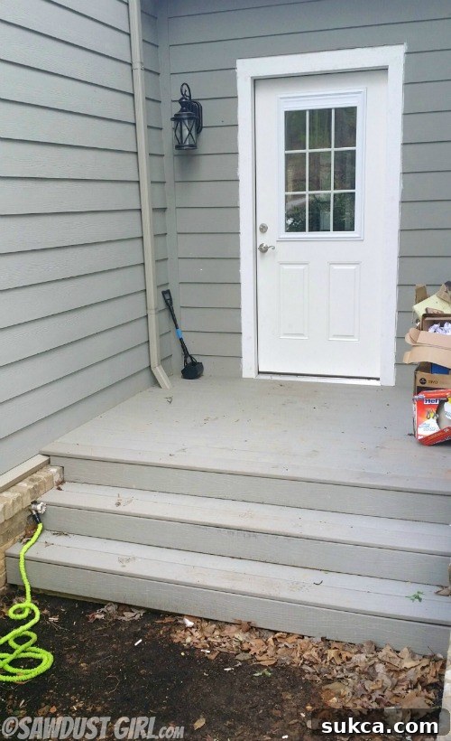 Before and after transformation of a cluttered side entrance, showing the clean-up and organization improvements.