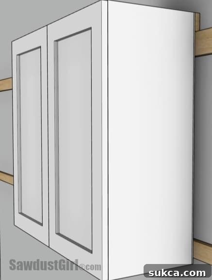 A securely hung wall cabinet using a basic French cleat system, demonstrating a sturdy installation.