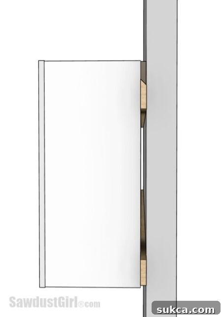 Illustration showing the gap created behind a cabinet when a French cleat is attached directly to its back panel.