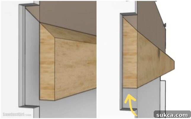 Diagram showing an oversized notch cut into a cabinet back designed to accommodate a wall cleat for flush mounting.