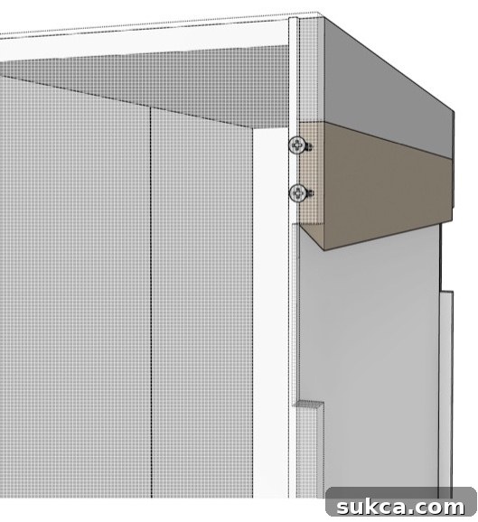 Illustration depicting a French cleat attached to a cabinet below an existing, non-removable nailer.
