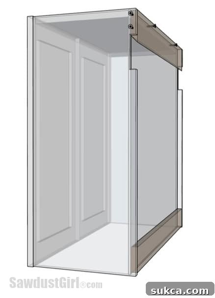 X-ray view of a French cleat acting as a cabinet's top nailer, with a precise cut-out for the wall cleat, ensuring flush mounting.