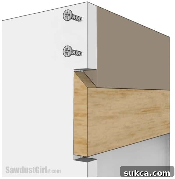 Illustration of a French cleat securely fastened within a 3/4-inch setback of a cabinet, designed for flush mounting.