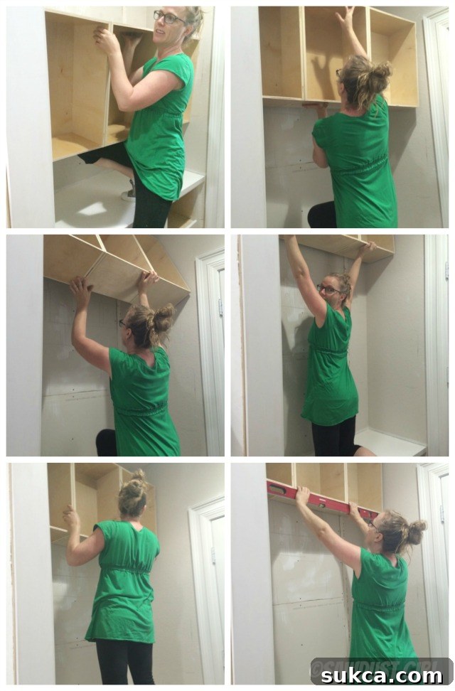 Step-by-step illustration showing how to hang a cabinet using a French cleat system.
