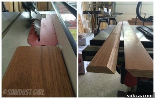Close-up of a table saw cutting a piece of wood at a 45-degree angle to create French cleat pieces.