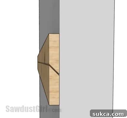 Sketch-up model illustrating a 4-inch wide plywood board being cut into two matching French cleat sections.