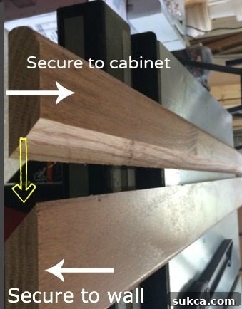 Diagram illustrating the correct orientation for attaching French cleat pieces to both the wall and the cabinet.