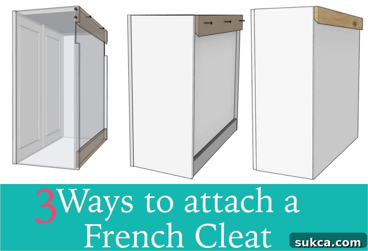 Collage displaying three different methods for securely installing a French cleat onto various cabinet back constructions.