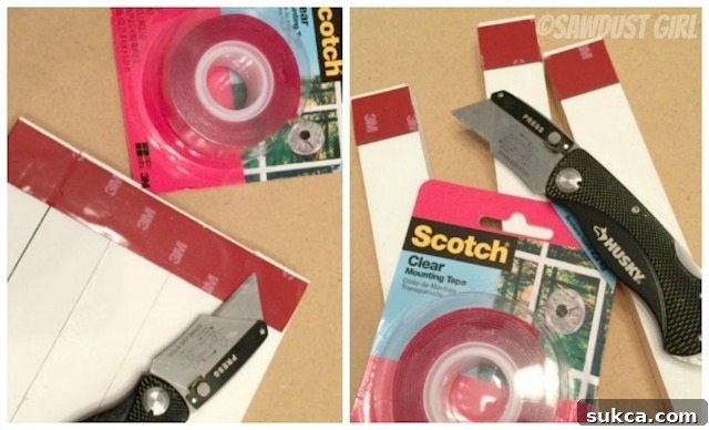 Applying Scotch clear mounting tape to cleats for memo boards