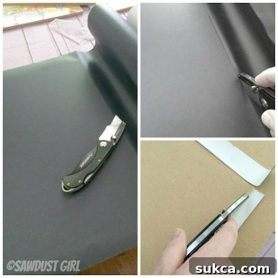 Trimming oversized vinyl after adhering to the memo board