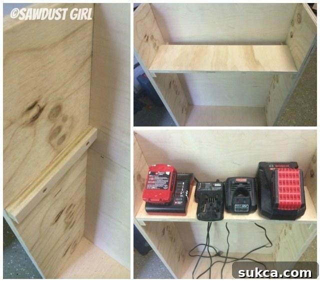 battery charger for tools in rolling work cart -woodworking plans