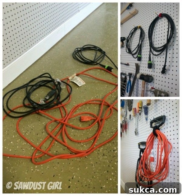 DIY Pegboard Organization Wall 6 Pegboard Wall - Workshop Tool Storage, showing organized cords with Scotch Straps