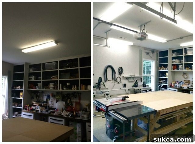 Dramatic before-and-after of workshop lighting, replacing a single fluorescent with multiple LEDs