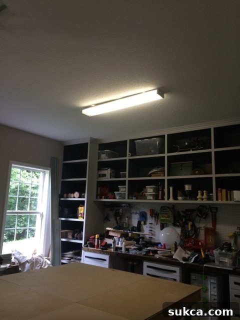 Old, dim fluorescent shop light before upgrade