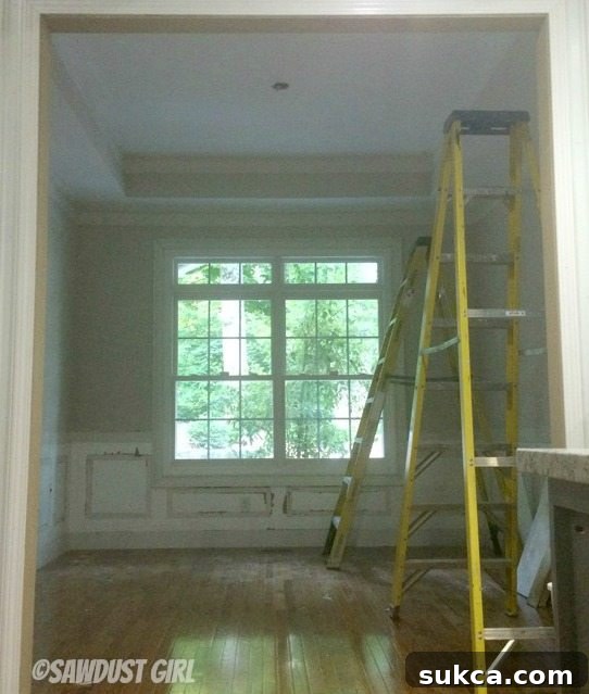 Preparing for Box Beam Installation Initial phase of making an X-shaped box beam ceiling, showing the existing coffered structure