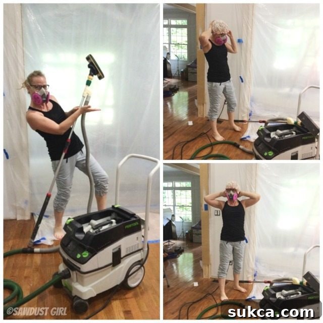 Essential PPE for clean and safe drywall sanding DIYer wearing a mask and shower cap for dust-free drywall sanding