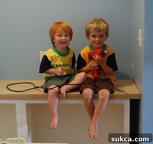 Kids helping with countertop installation