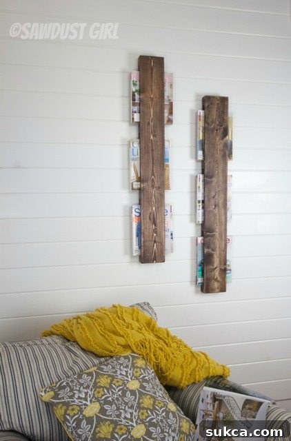DIY Wall Mounted Magazine Rack Stunning pair of $5 wall mounted wood magazine racks, perfect for home organization.