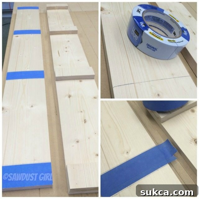 Taping for Glue Lines Using ScotchBlue Painter's Tape to mask off areas for glue, ensuring a clean finish on the wood.