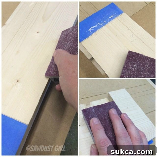 Smoothing Edges Sanding wood edges to remove glue squeeze-out and ensure a smooth, splinter-free surface before finishing.