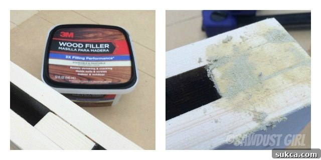 Filling Wood Imperfections Using 3M Wood Filler to fill nail holes and imperfections on the assembled magazine rack.