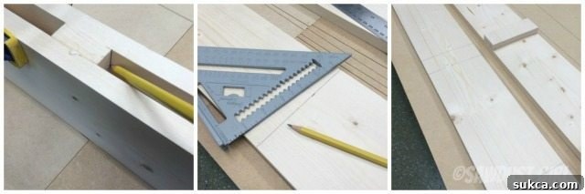 Marking Block Positions Transferring the precise location of wooden blocks onto the second panel for accurate assembly of the magazine rack.