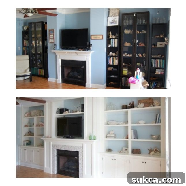 Before and After comparison of Courtney's living room with the new built-in fireplace wall