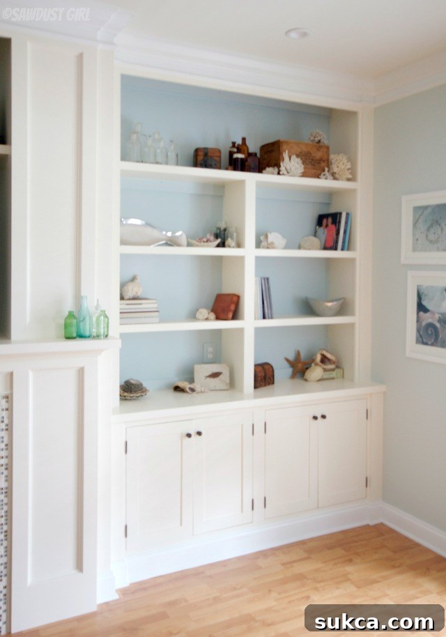 Detailed view of a white built-in entertainment center with open shelving and closed cabinets