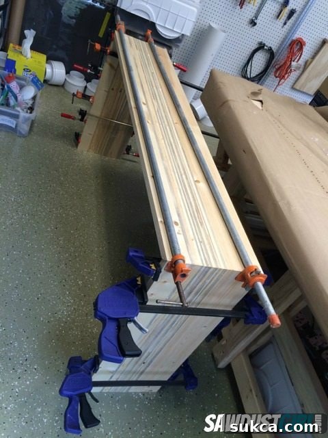 final glue up Final glue-up of the console table structure, clamped securely