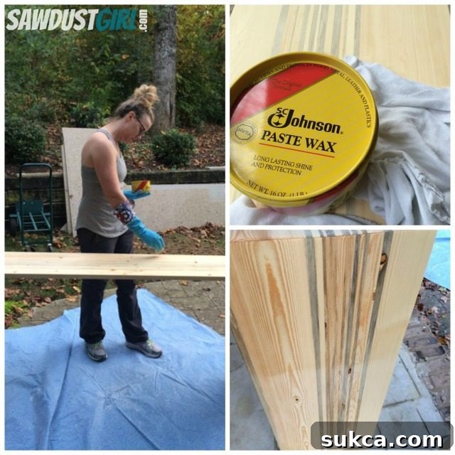 bring_out_the_wood_with_wax Applying wax to highlight the natural grain and blue stain of the finished table