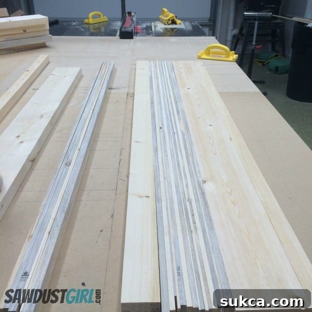 Sorting wood for building a table Sorting and arranging diverse wood strips for a striped console table design