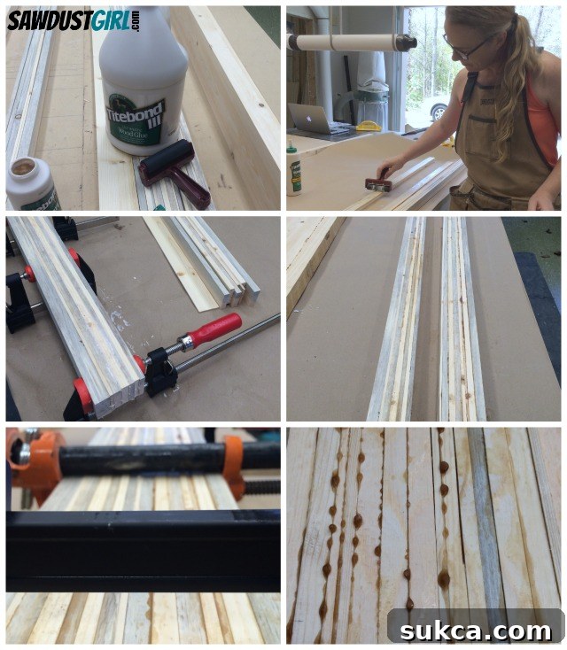 Rustic wood table Completed striped wood tabletop design before final glue-up