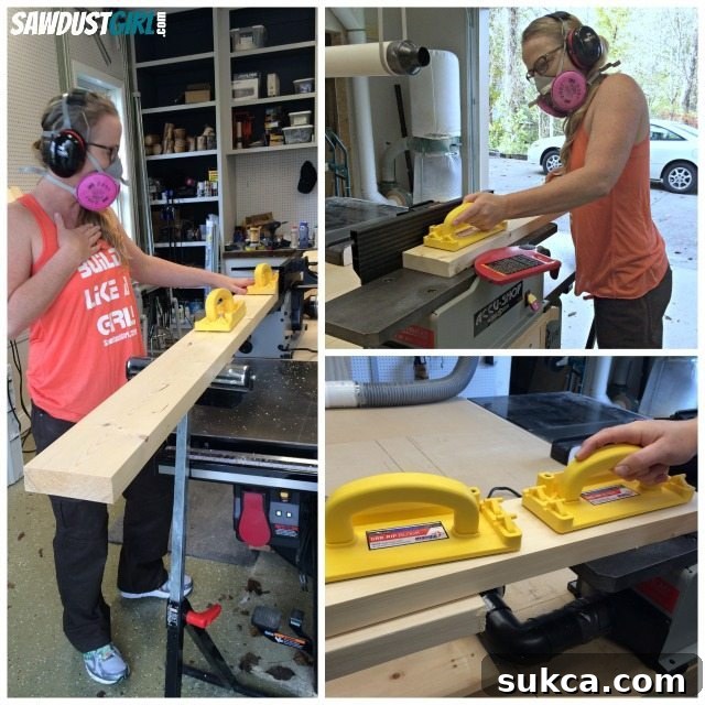 Using a jointer to prepare wood Using a jointer to flatten glued-up wood panels for the tabletop