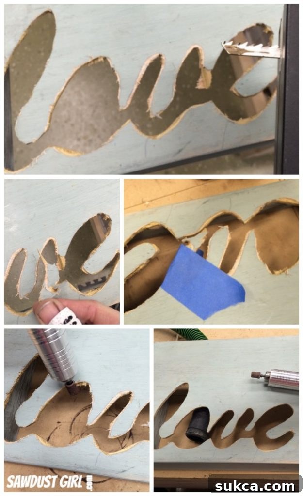 Cleaning up rough jigsaw cuts with a Dremel sanding bit