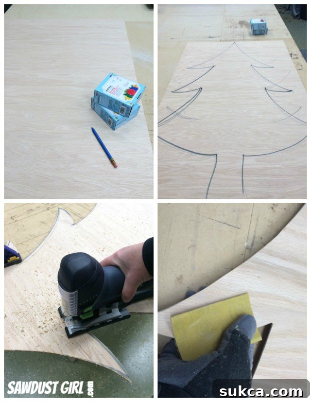 Drawing and cutting the wood Christmas tree shape with a jigsaw