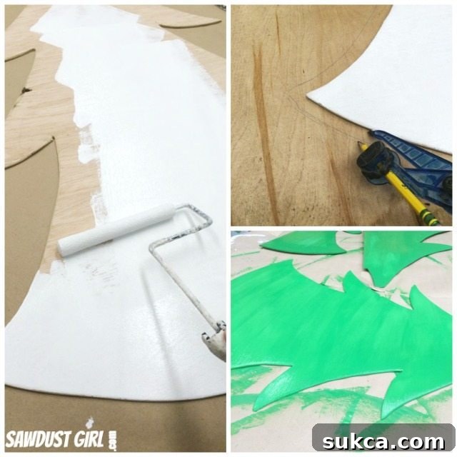 Painting the 3D wood Christmas tree components green