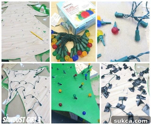 Installing string lights into the wood Christmas tree holes