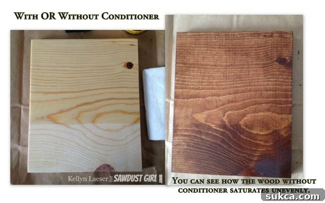 Conditioner Comparison Pine board showing difference with and without wood conditioner