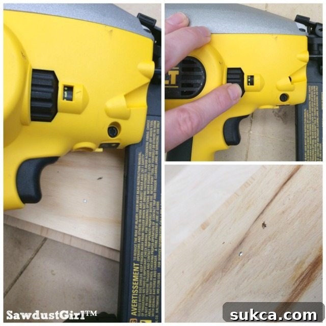 Close-up of precise depth adjustment mechanism on a cordless DeWalt nailer