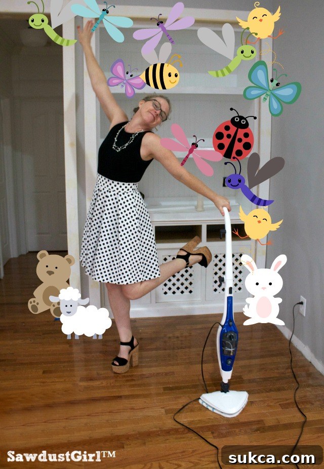 A woman in a stylish denim jumpsuit looking ready for action, symbolizing a blend of DIY and domestic prowess.
