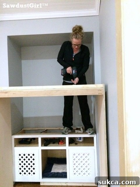 Plywood Reinforcement for Built-in Bookcase Securing plywood strips to built-in shelves with screws for added strength