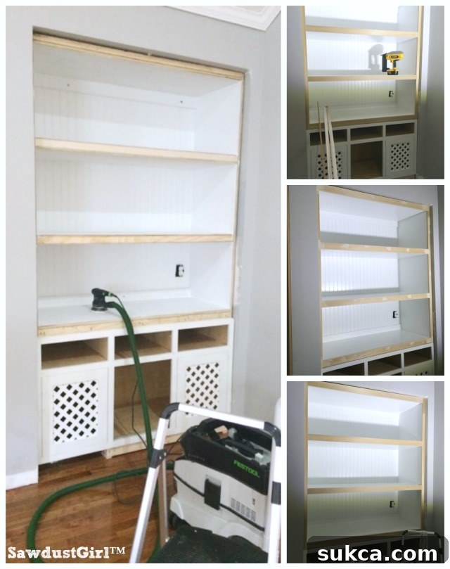 Built-in Bookcase Finishing Stages Sanding and priming built-in bookcase with faceframe installed