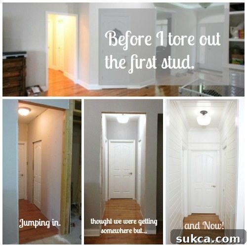 Transformed hallway with V-groove planked ceiling, smooth skim-coated walls, and custom door trim.